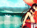 Anime Girl Swans Water Mountains Umbrella