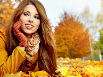 Brunette Fall Long Haired Gloves Jacket Smiling Leaves