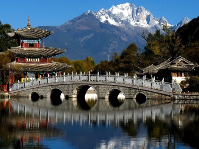 China Mountains Trees Pagoda Bridge River City