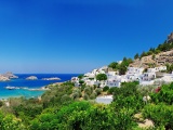 Greece Fortress Coast Houses Trees Nature