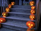 Halloween Pumpkins On Wooden Stairs