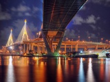 Thailand Bangkok Bridge Night Lights Lamps River Reflection