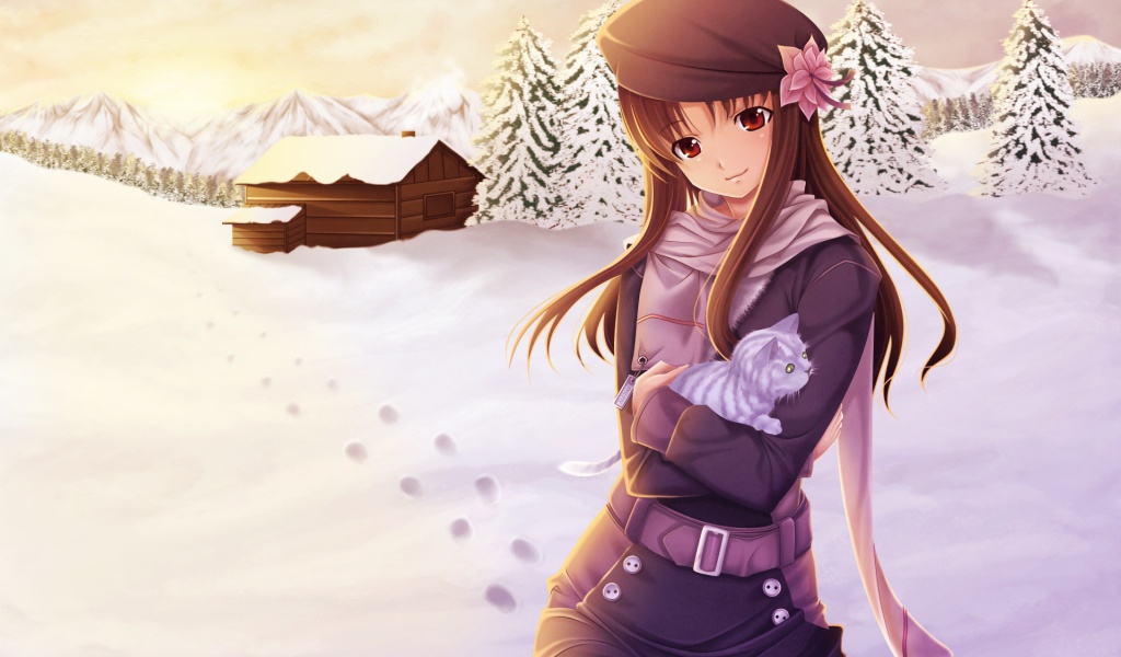 Anime Girl Winter Snow Cat