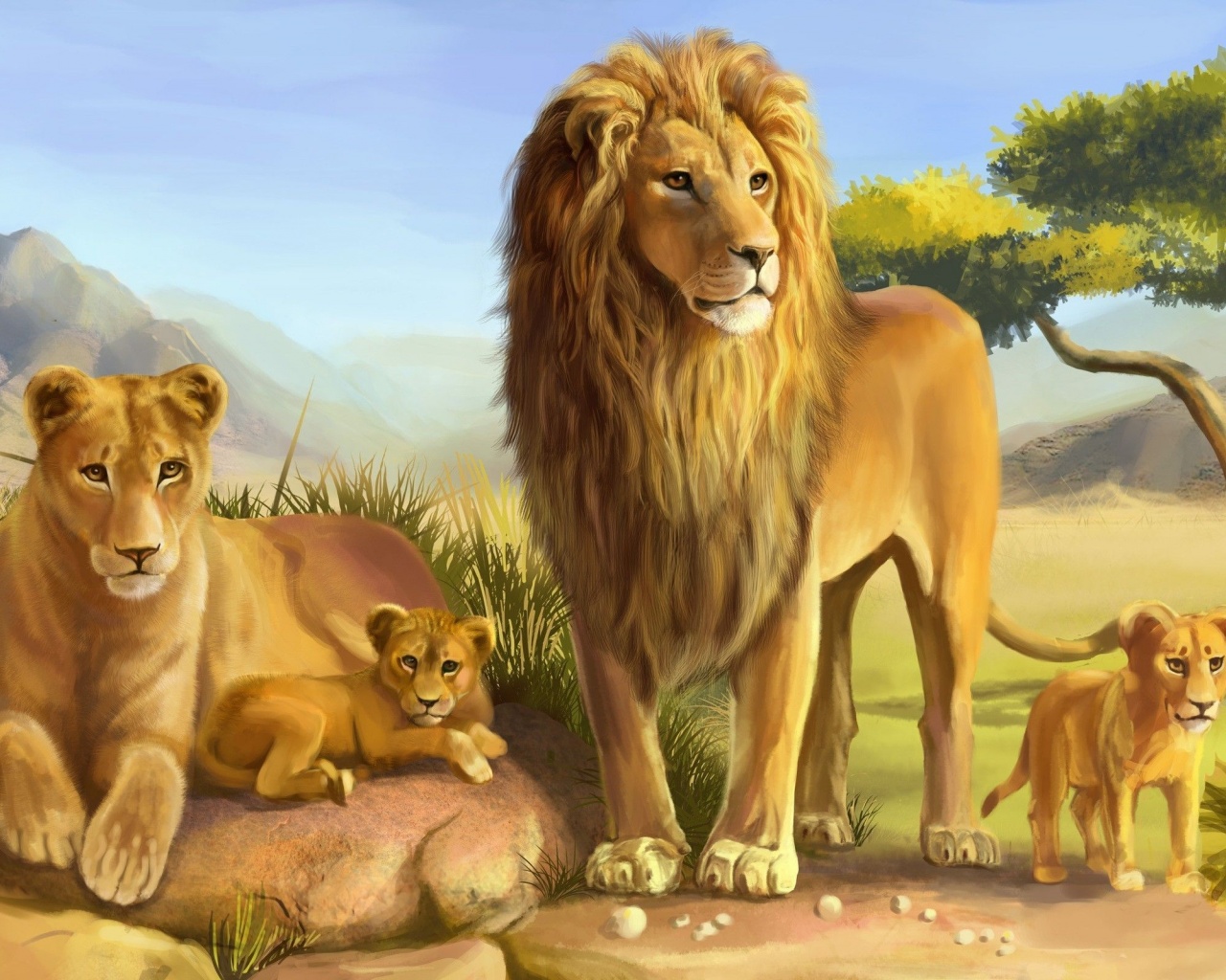 Art Lions Lioness Cub Carnivores