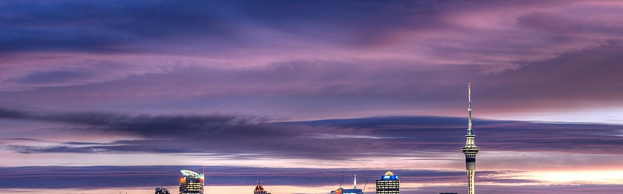 Auckland City Center New Zealand Harbour Sky Tower Skyscrapers Oakland Tower Lights Dusk