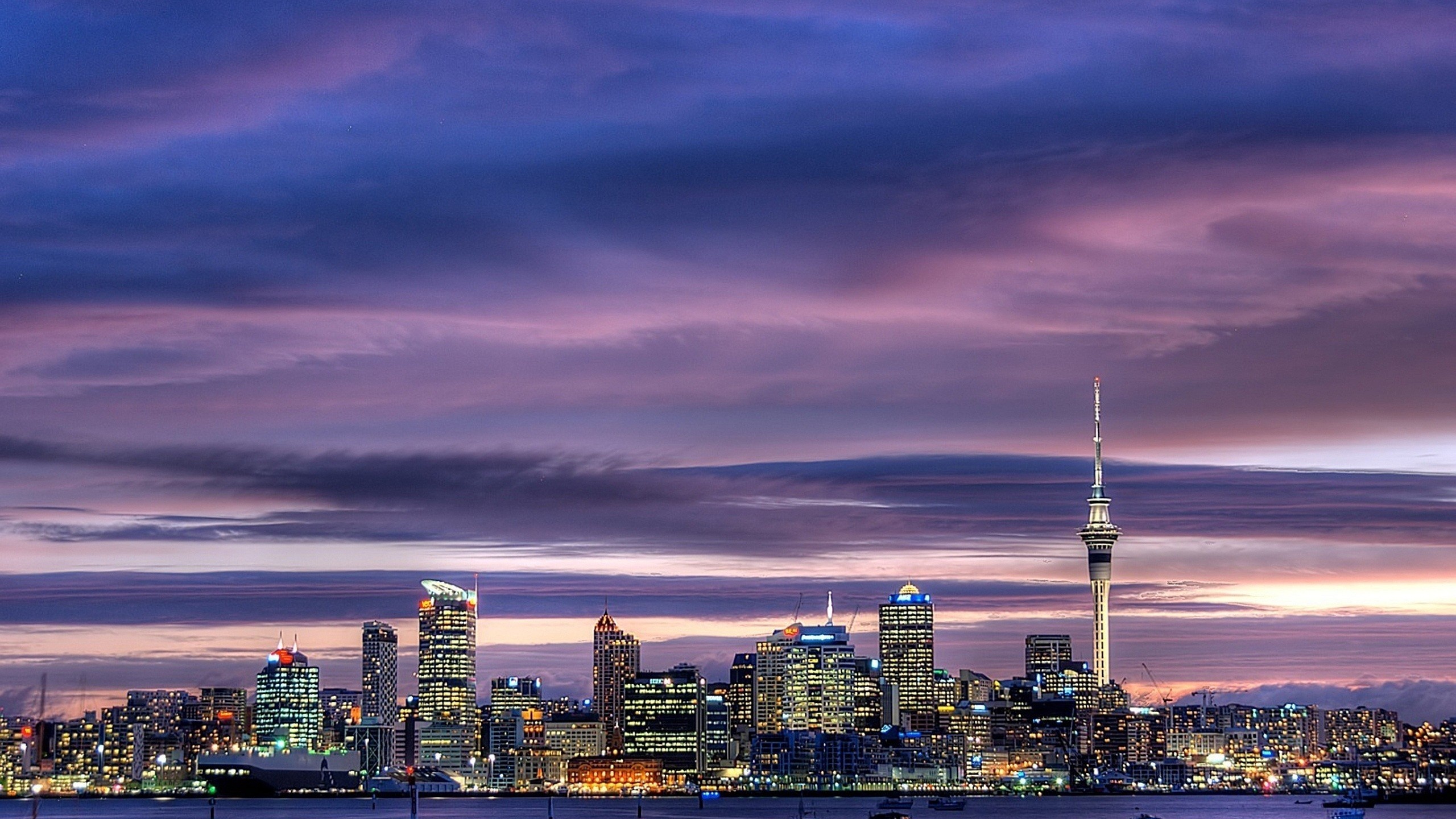 Auckland City Center New Zealand Harbour Sky Tower Skyscrapers Oakland Tower Lights Dusk