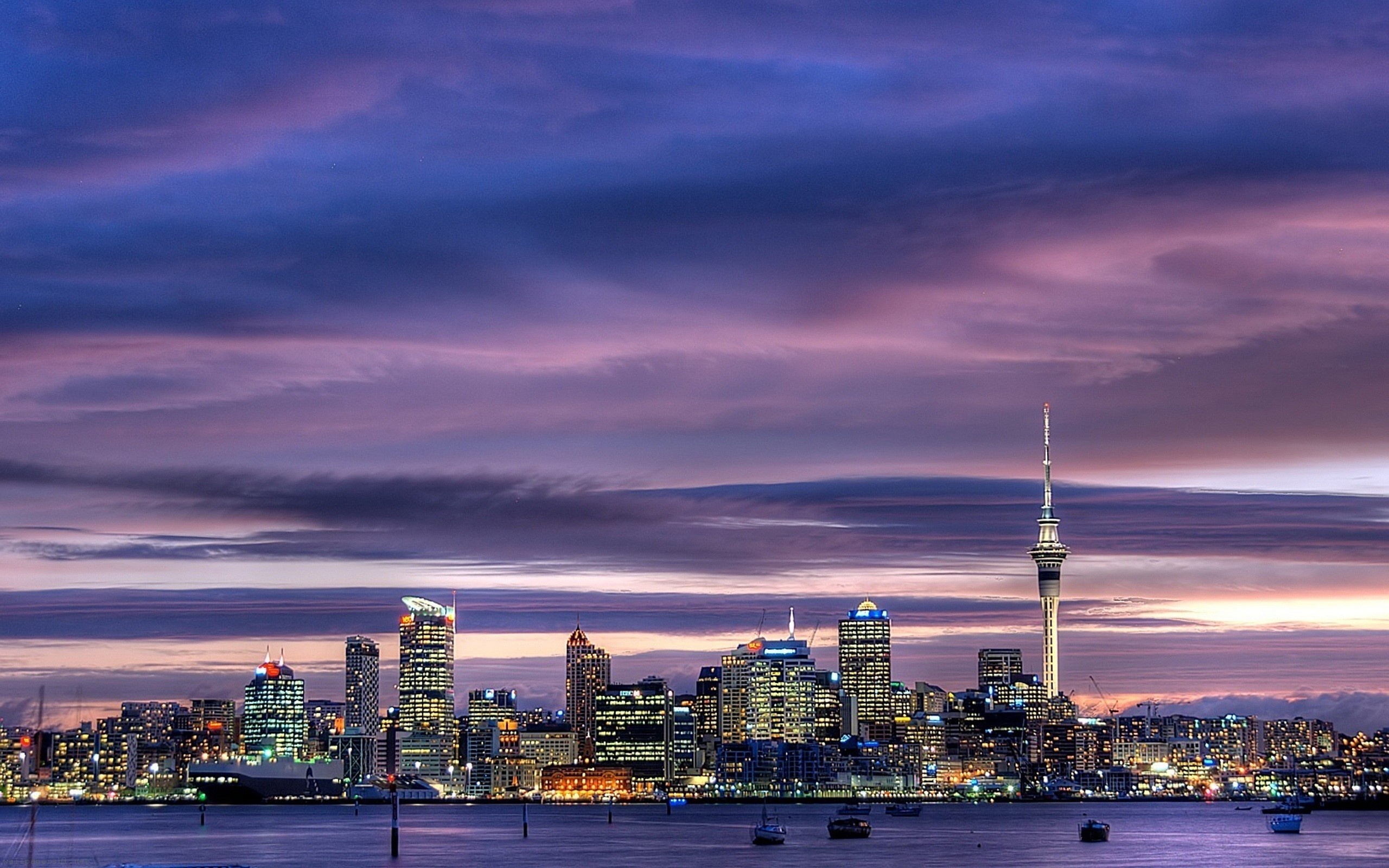 Auckland City Center New Zealand Harbour Sky Tower Skyscrapers Oakland Tower Lights Dusk