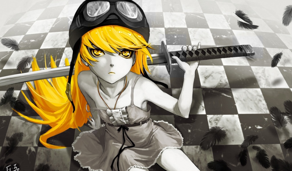 Bakemonogatari Oshino Shinobu Katana Feathers Eyes Long Hair