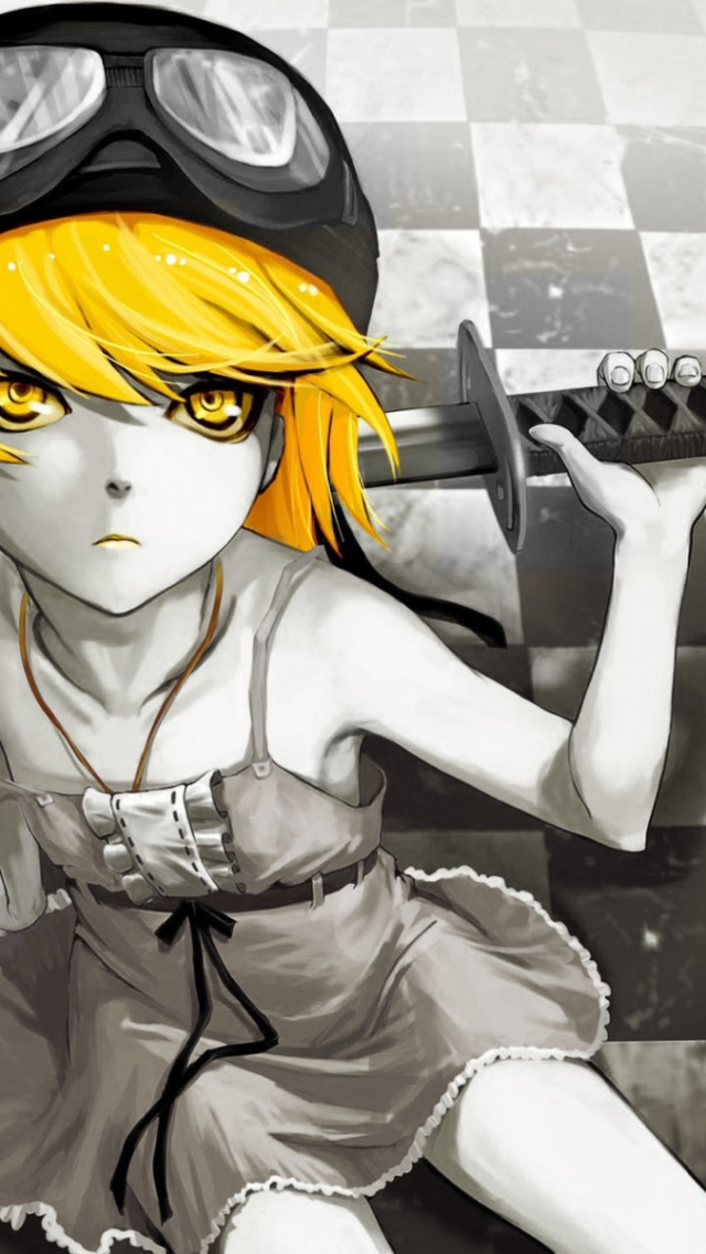 Bakemonogatari Oshino Shinobu Katana Feathers Eyes Long Hair