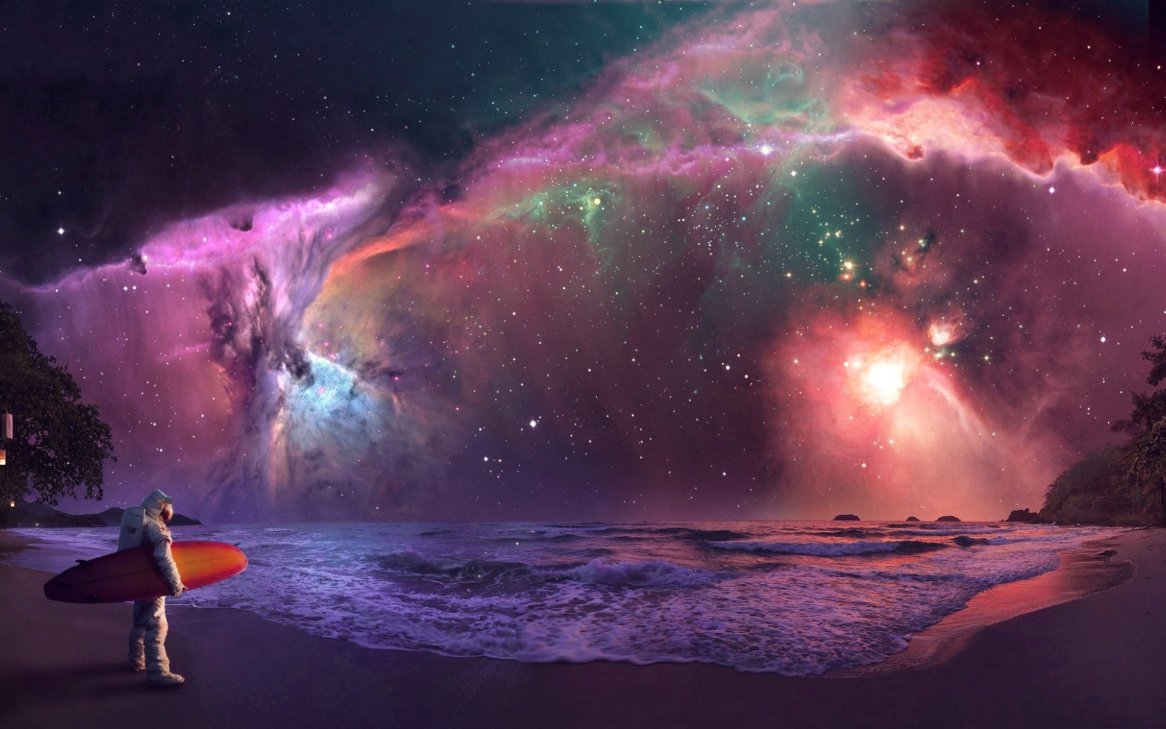 Beach Outer Space Stars Galaxies Nebulae Surfing Lakes Surfers Cosmic Astronaut