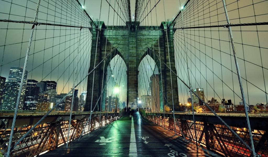 Brooklyn Bridge Night Nyc United States City Buildings Landscape