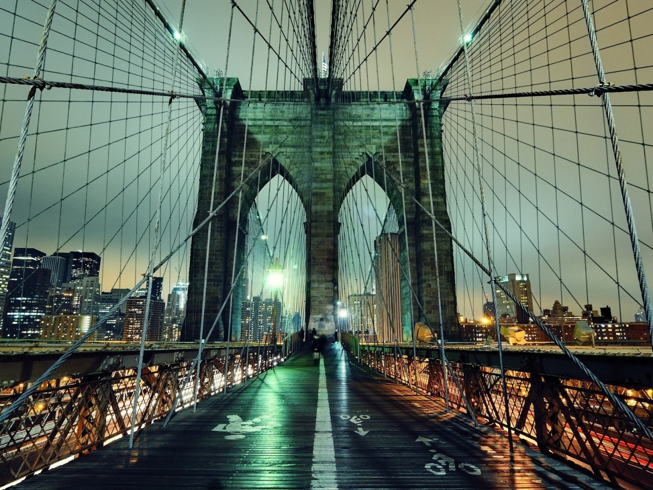 Brooklyn Bridge Night Nyc United States City Buildings Landscape