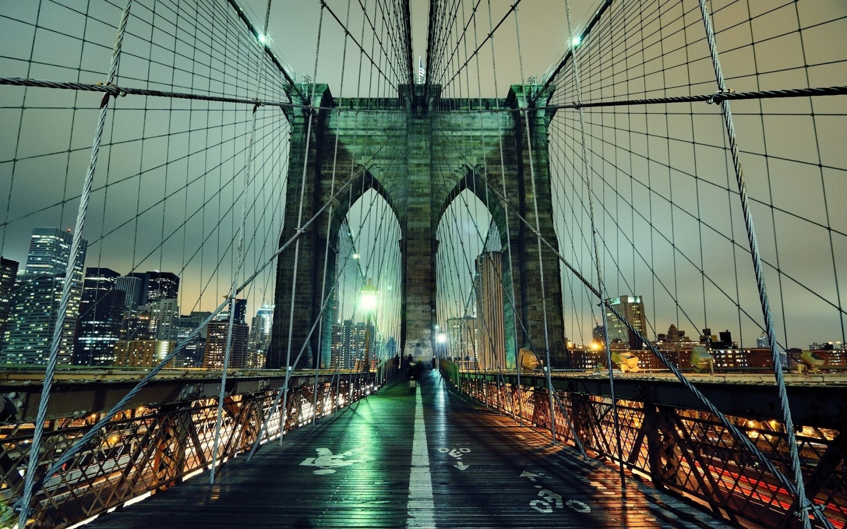 Brooklyn Bridge Night Nyc United States City Buildings Landscape