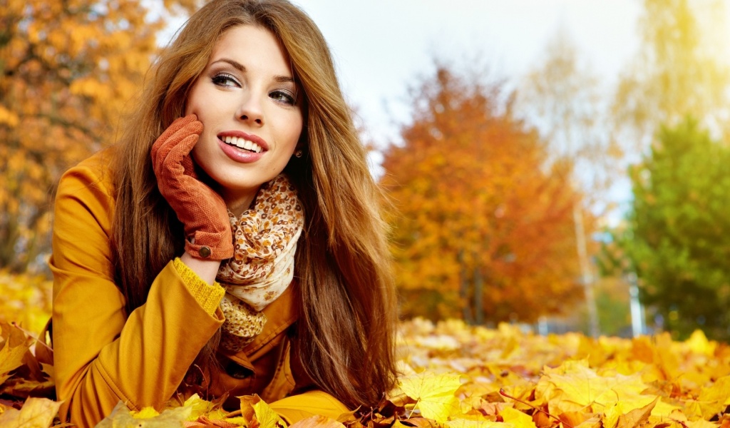 Brunette Fall Long Haired Gloves Jacket Smiling Leaves