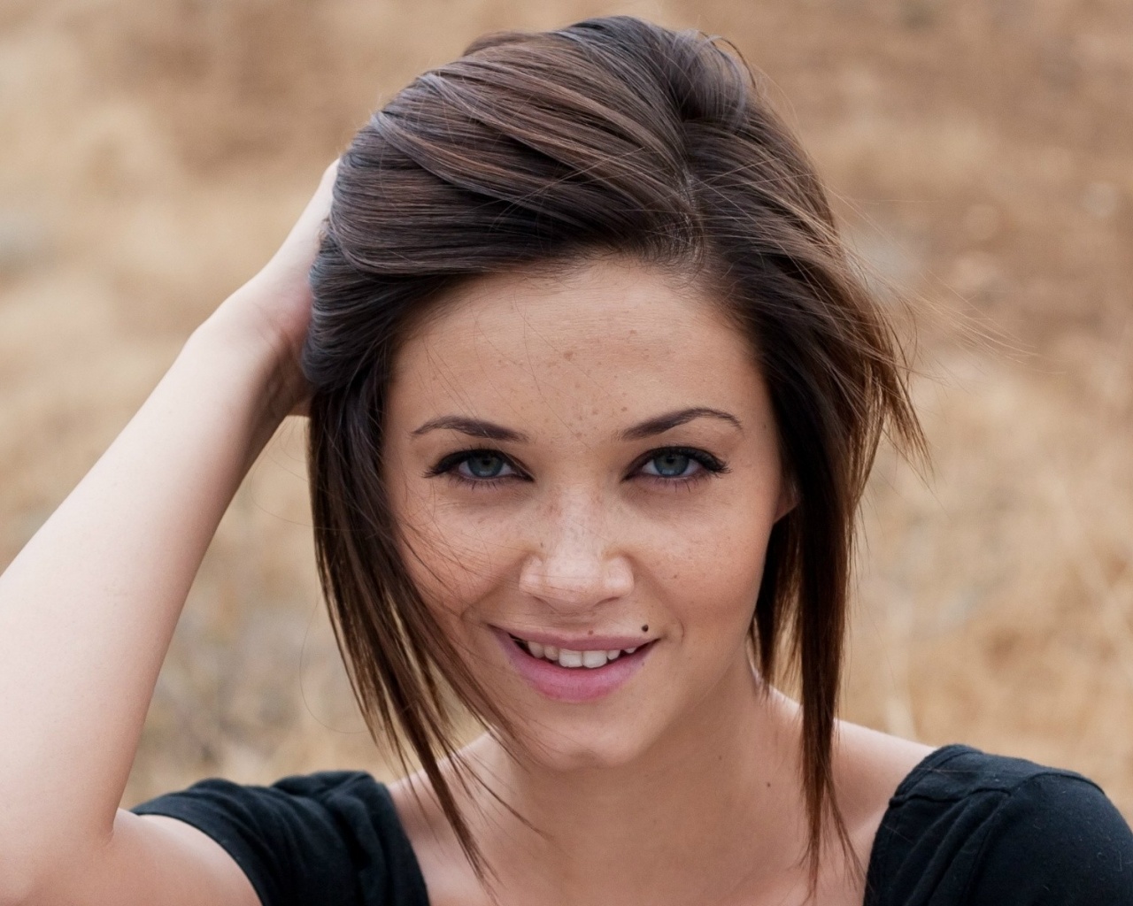 Brunette Hairstyle Wind Face Freckles Smile