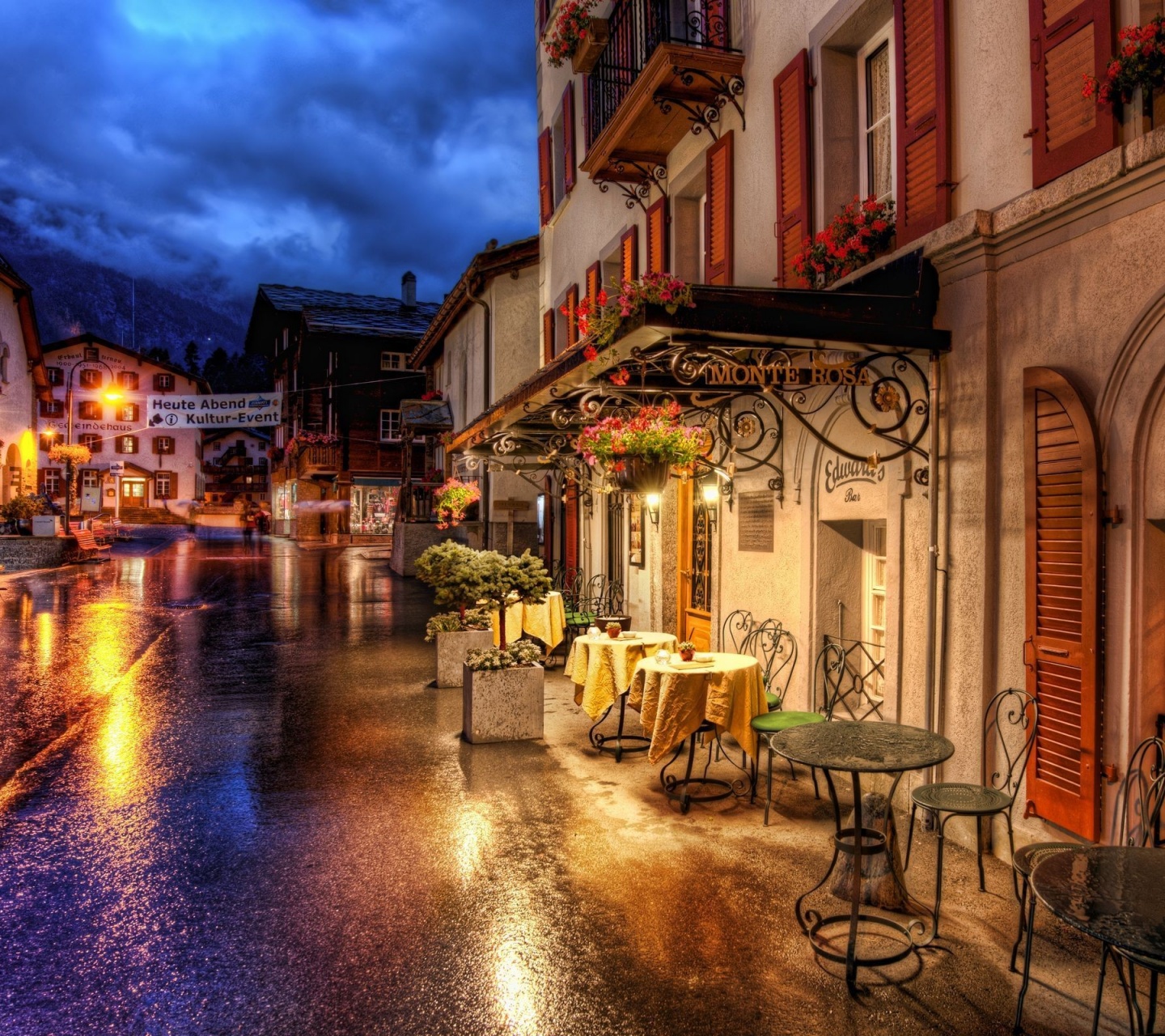 Cafes Coffee Tables Streets Zermatt Switzerland Roads Buildings Houses City