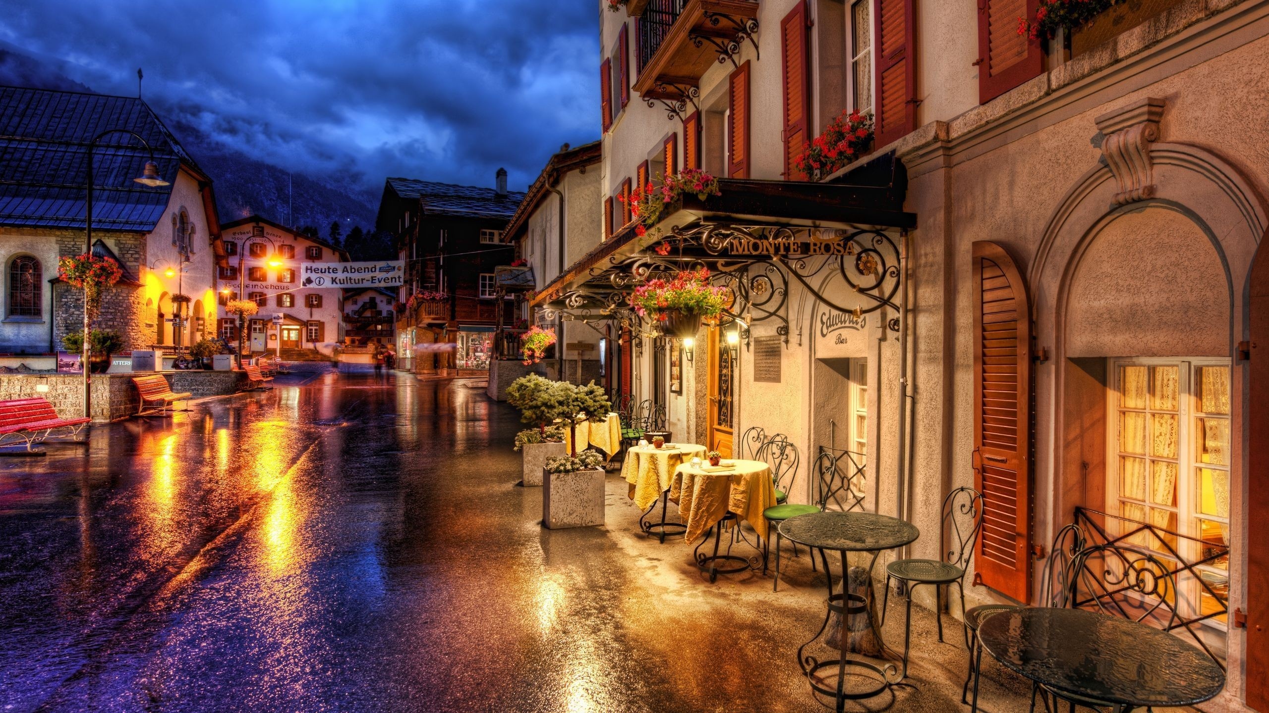 Cafes Coffee Tables Streets Zermatt Switzerland Roads Buildings Houses City