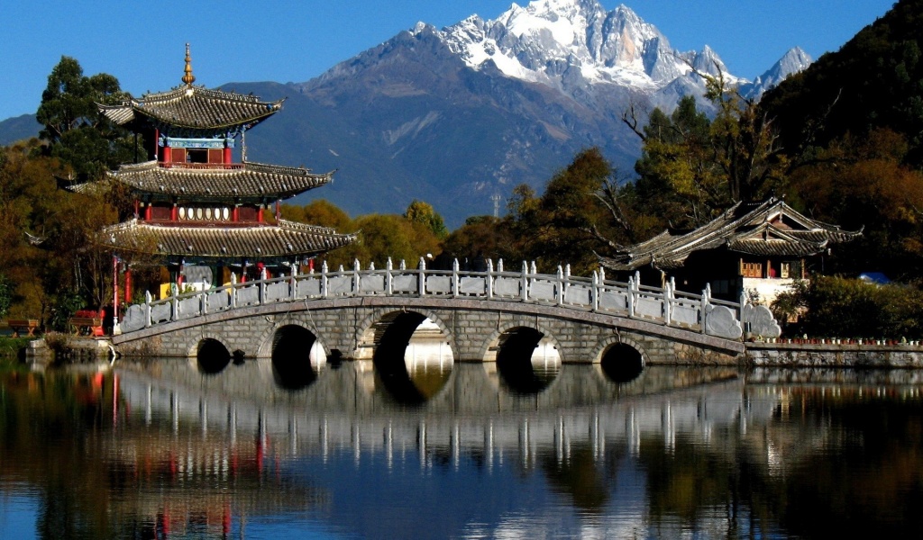 China Mountains Trees Pagoda Bridge River City