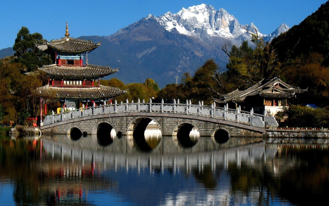 China Mountains Trees Pagoda Bridge River City