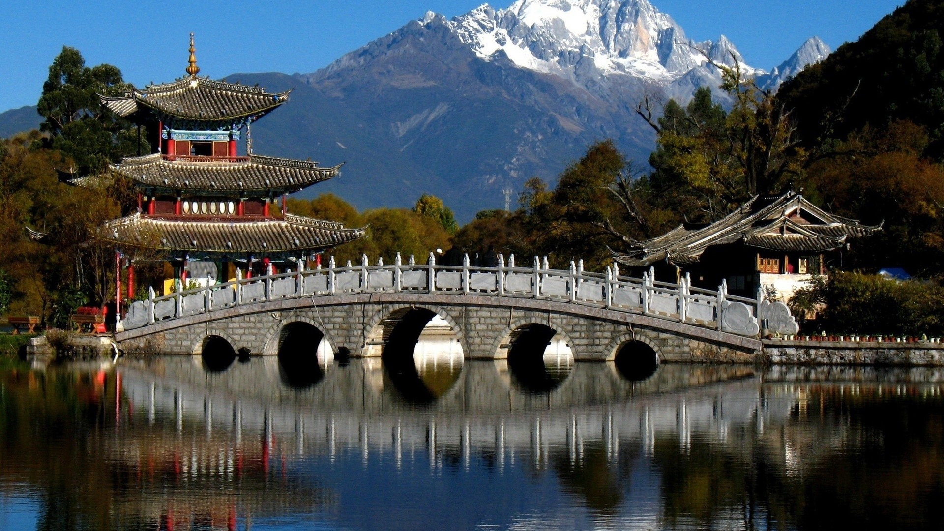 China Mountains Trees Pagoda Bridge River City