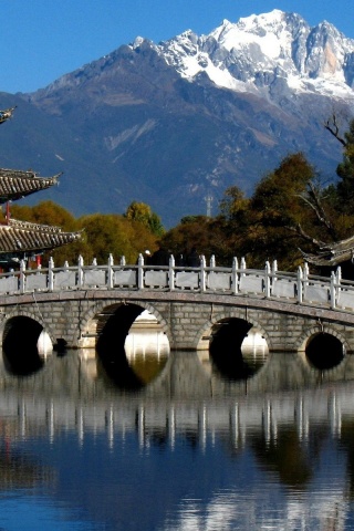 China Mountains Trees Pagoda Bridge River City