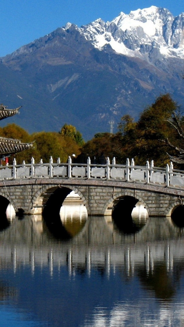 China Mountains Trees Pagoda Bridge River City