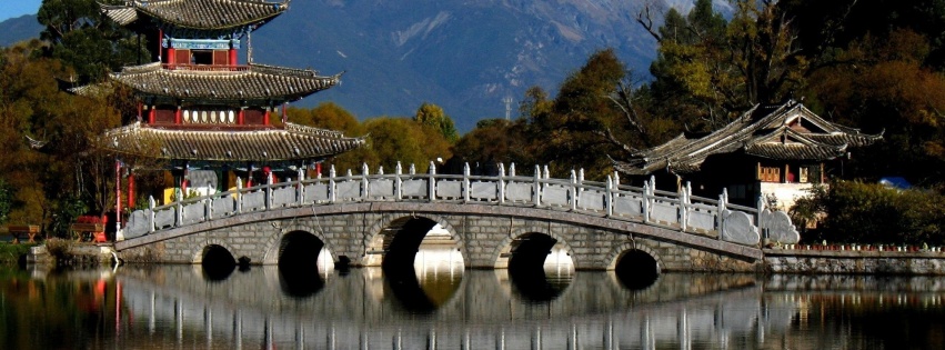 China Mountains Trees Pagoda Bridge River City