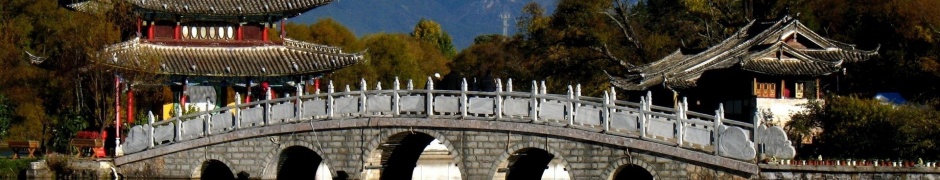 China Mountains Trees Pagoda Bridge River City