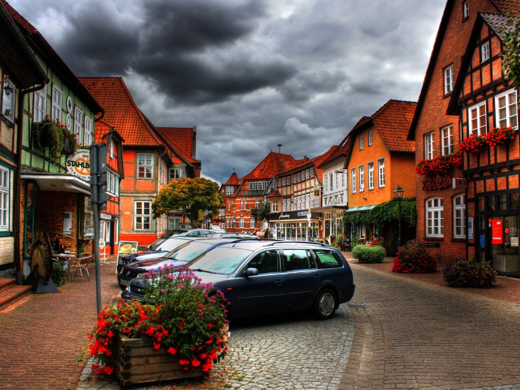 City Sky Clouds Cars Houses Flowers Plants