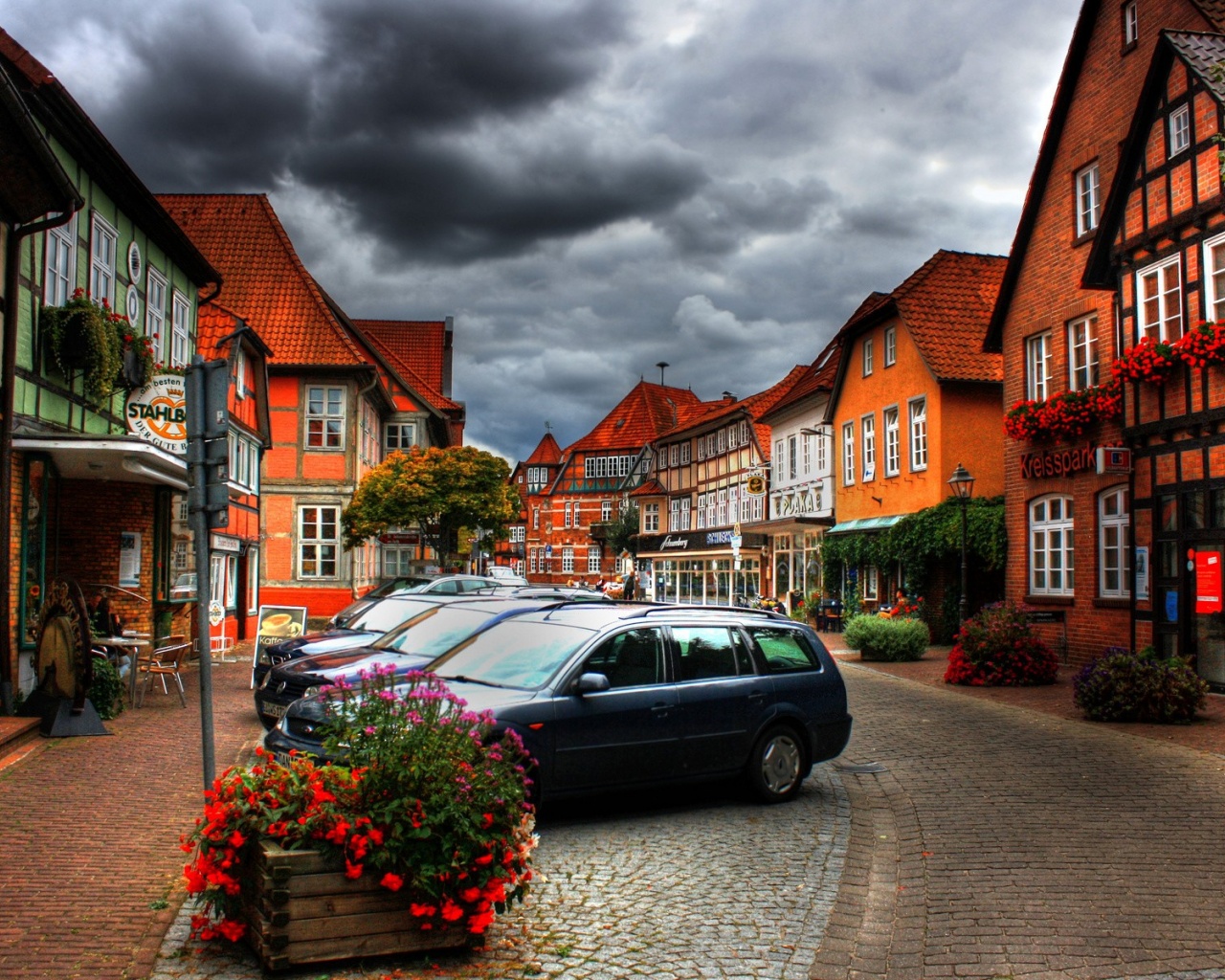 City Sky Clouds Cars Houses Flowers Plants