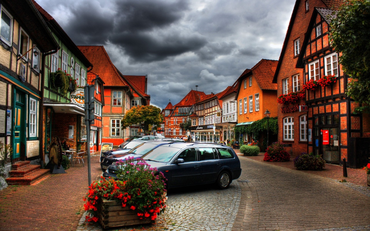 City Sky Clouds Cars Houses Flowers Plants