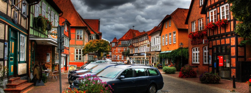 City Sky Clouds Cars Houses Flowers Plants