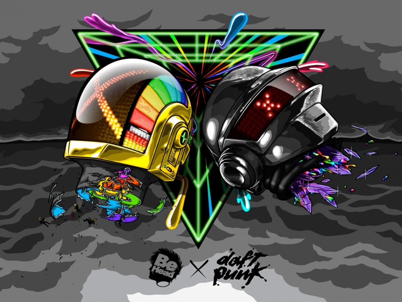 Daft Punk Helmets Graphics Clouds Colors