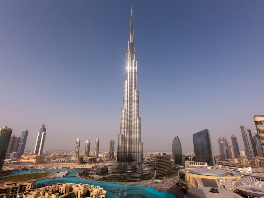 Dubai Skyscrapers Towers Houses Burj Khalifa Sunset Water Sky