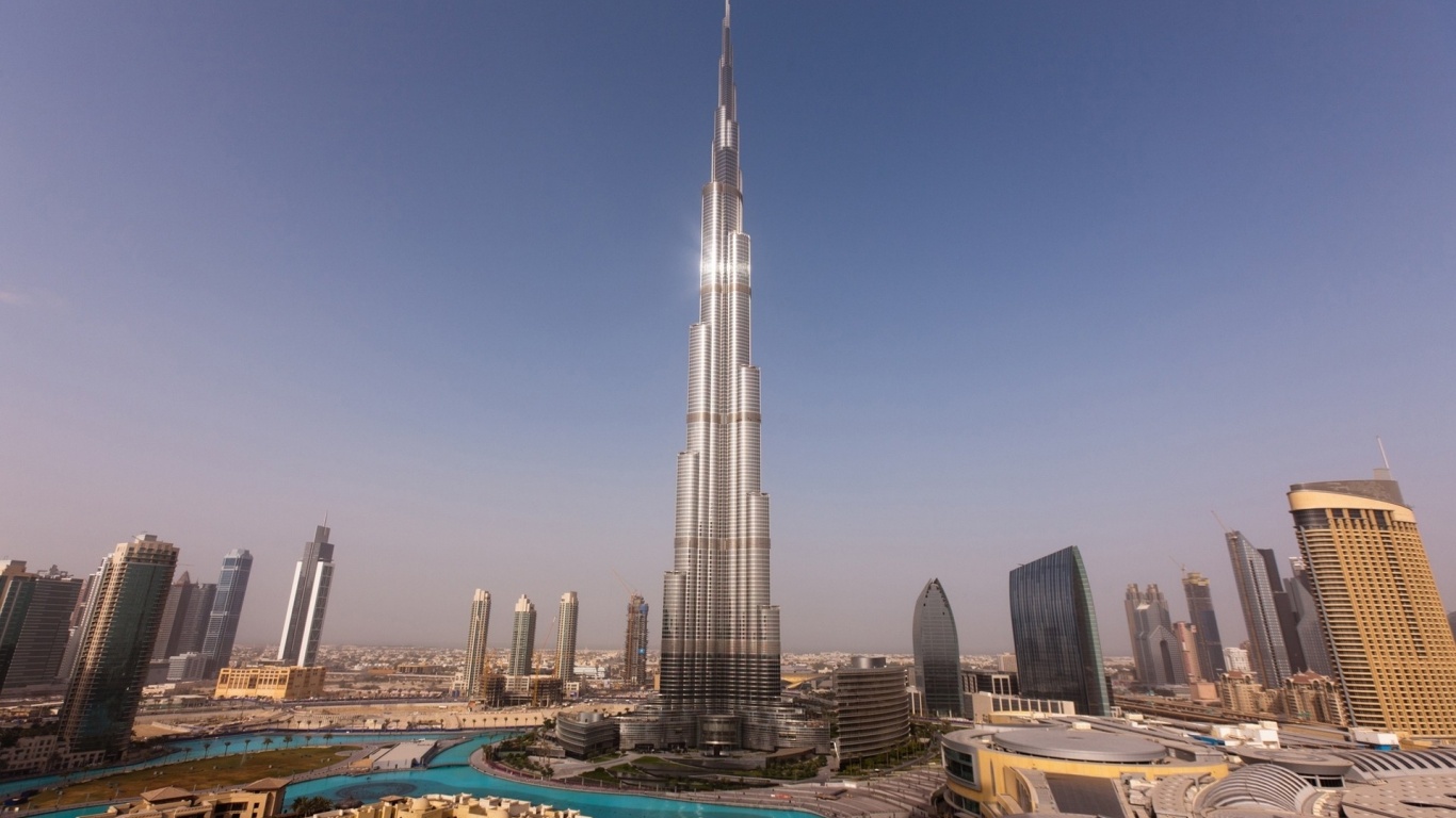 Dubai Skyscrapers Towers Houses Burj Khalifa Sunset Water Sky