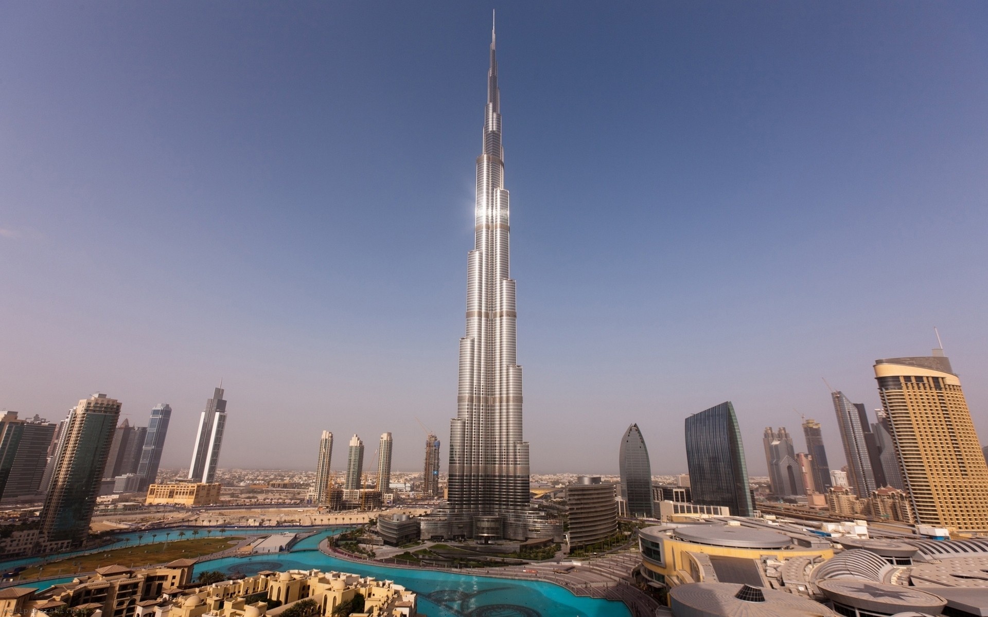 Dubai Skyscrapers Towers Houses Burj Khalifa Sunset Water Sky