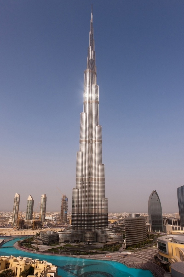 Dubai Skyscrapers Towers Houses Burj Khalifa Sunset Water Sky