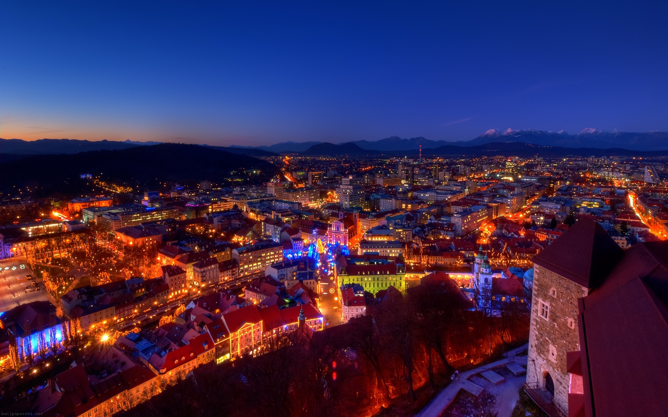 Dusk Evening Lights House Castle Mountain Alps Christmas Slovenia