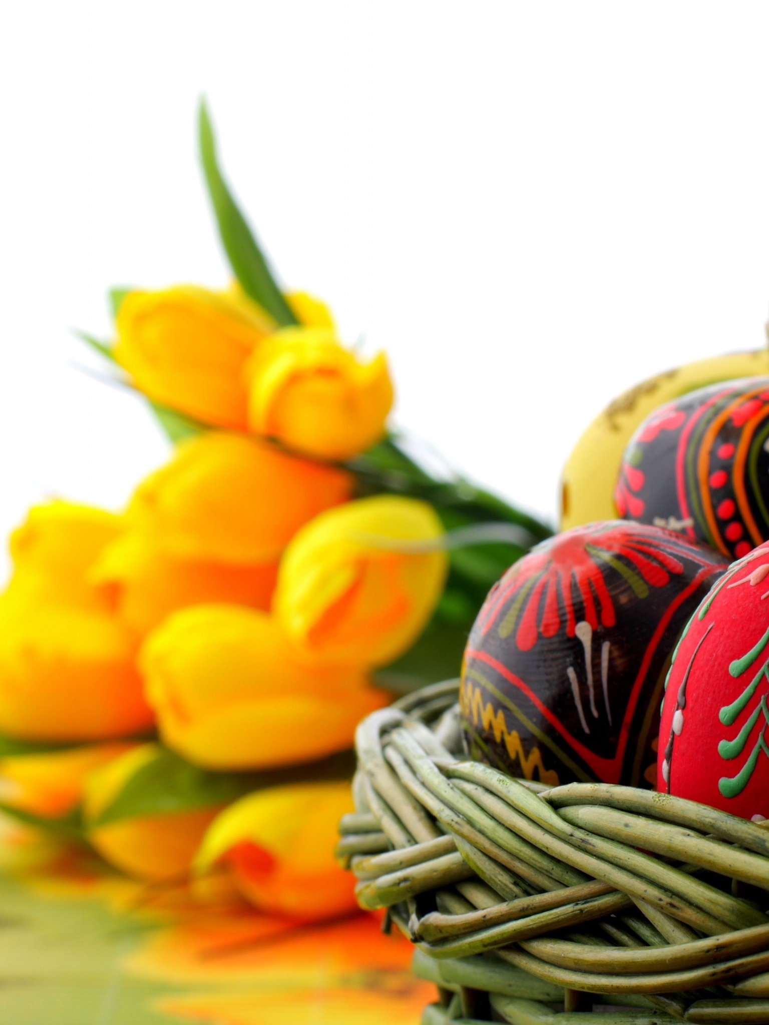 Easter Basket Of Eggs And Tulips