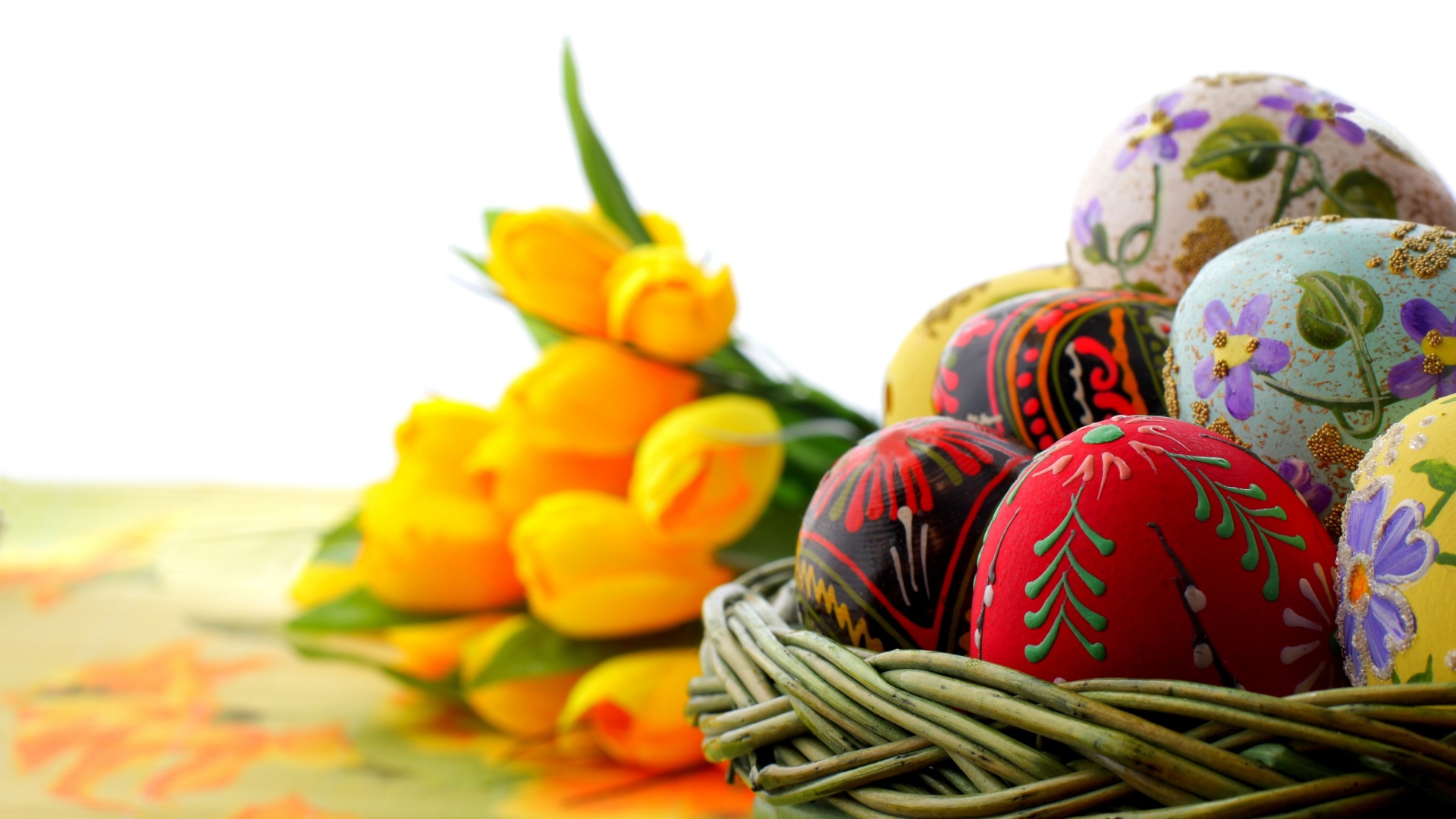 Easter Basket Of Eggs And Tulips