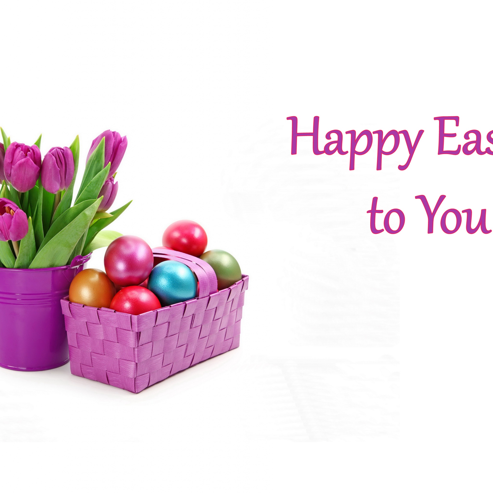 Easter Eggs And Tulips In Basket