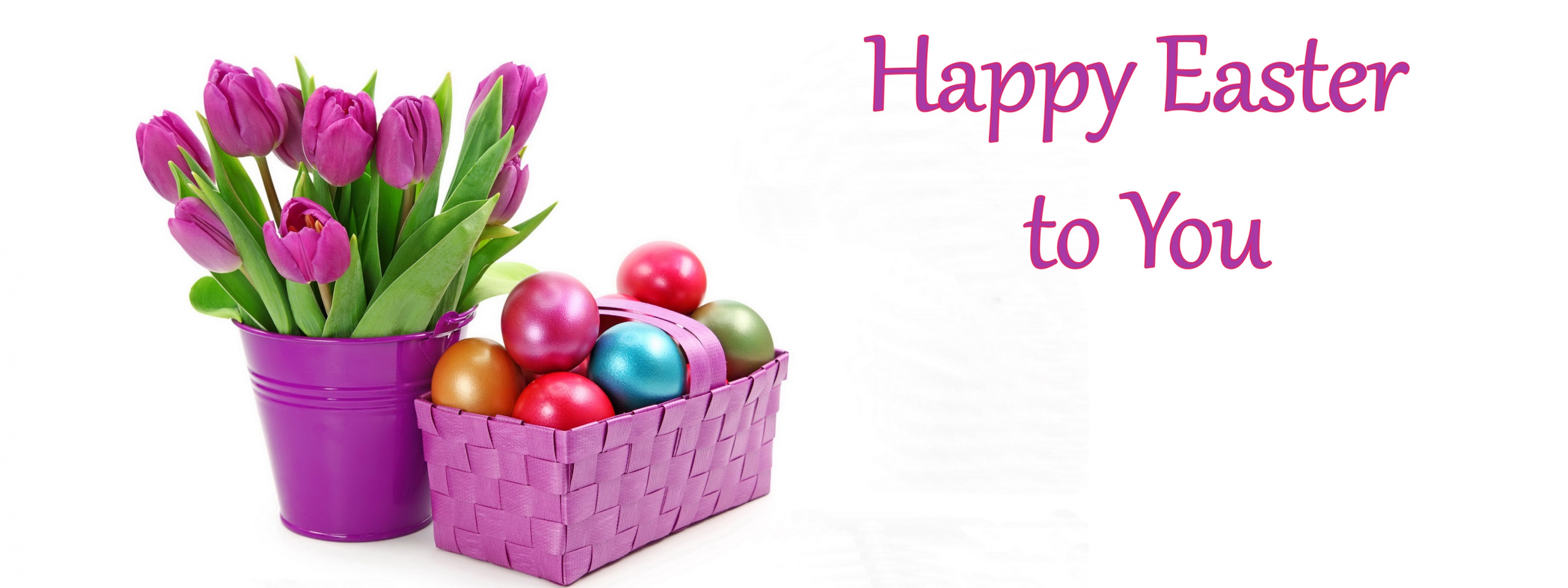 Easter Eggs And Tulips In Basket