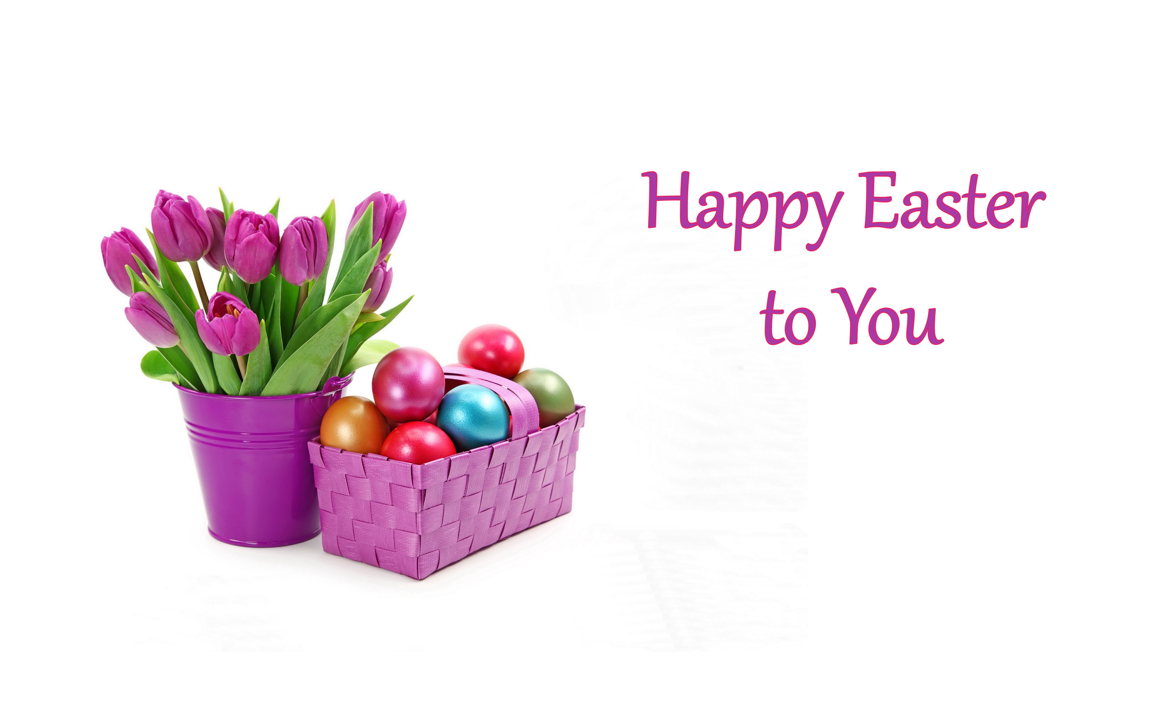 Easter Eggs And Tulips In Basket