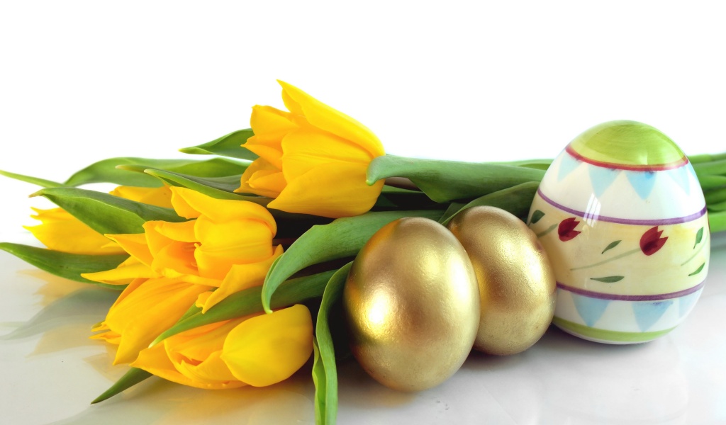 Easter Eggs And Yellow Tulips