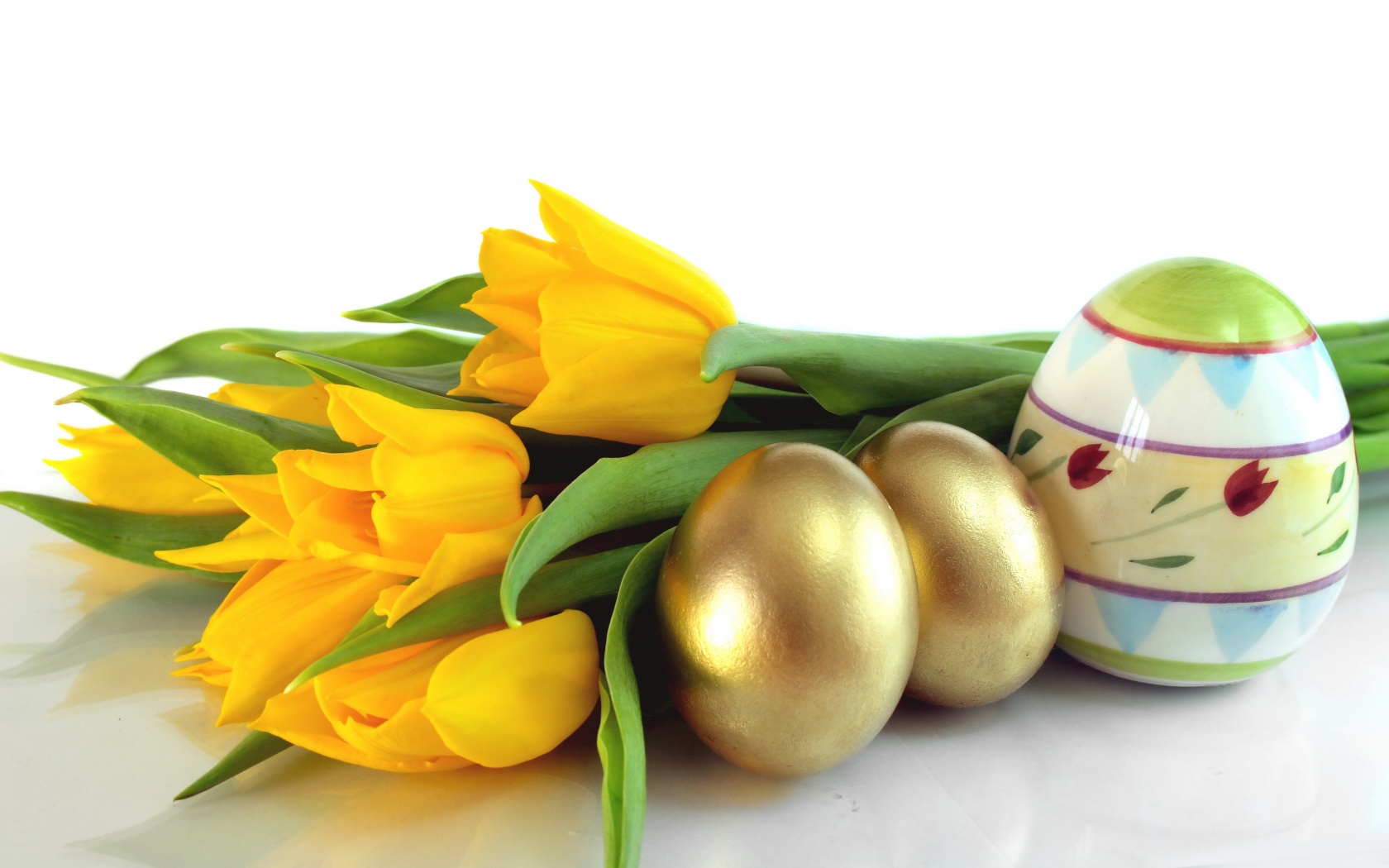 Easter Eggs And Yellow Tulips