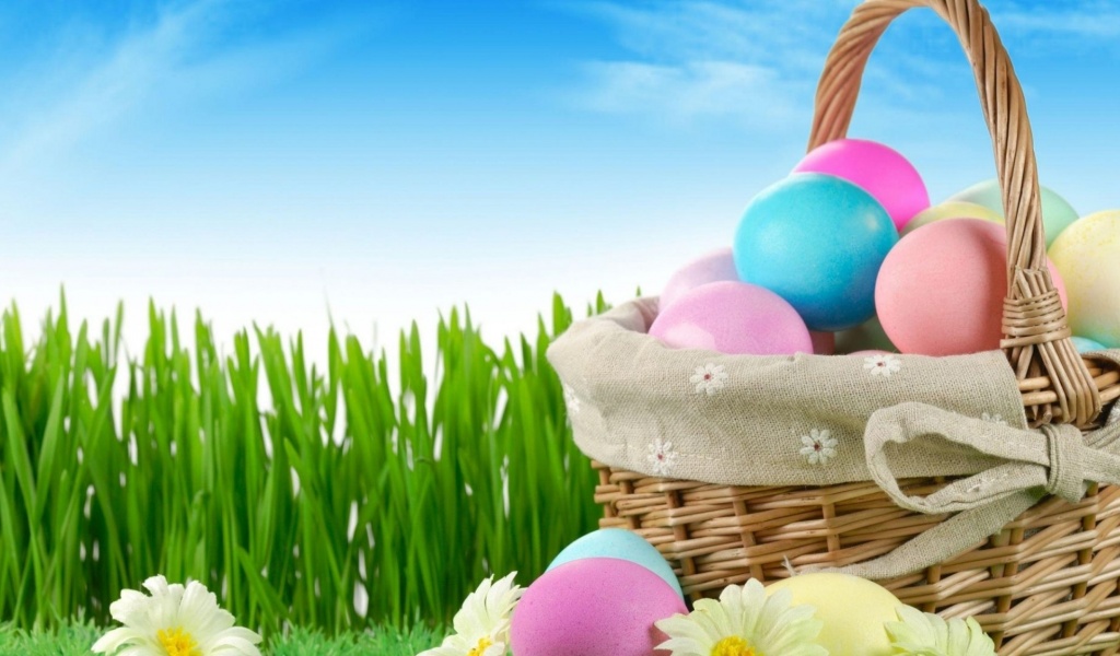 Easter Holiday Eggs Basket Flowers Grass Herbs