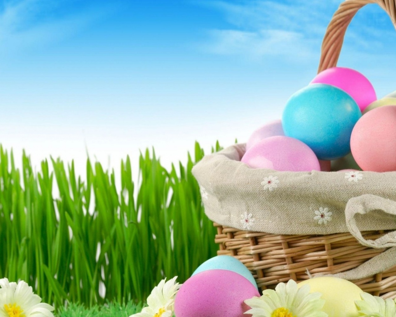 Easter Holiday Eggs Basket Flowers Grass Herbs