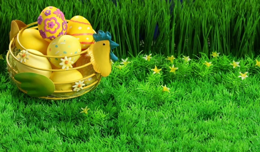 Easter Holiday Eggs Basket Grass Lawn Flowers