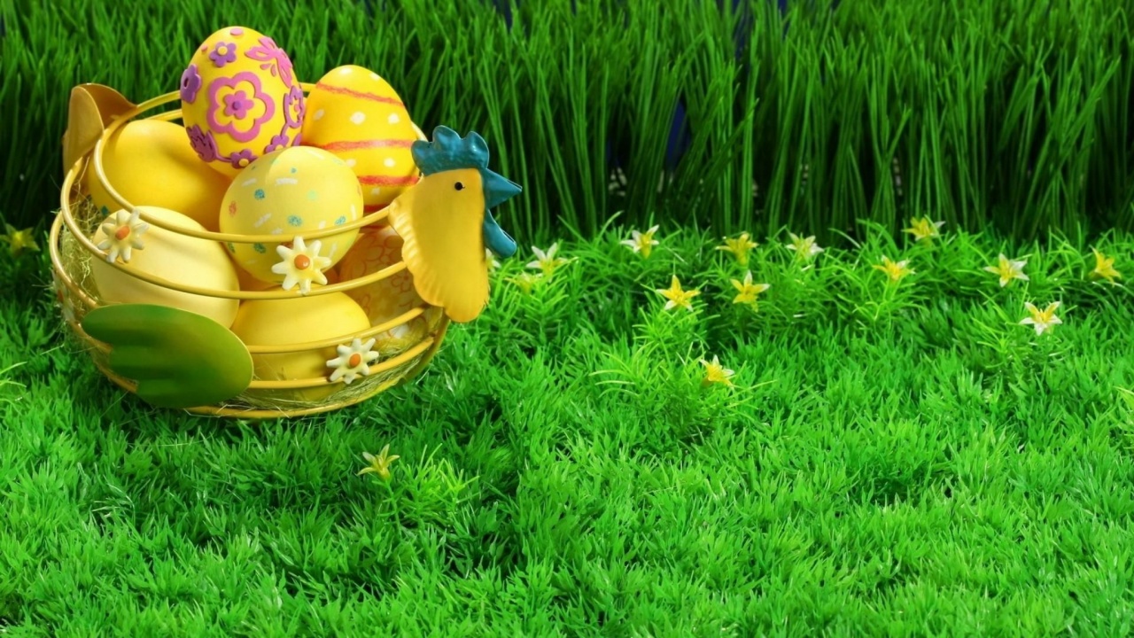 Easter Holiday Eggs Basket Grass Lawn Flowers