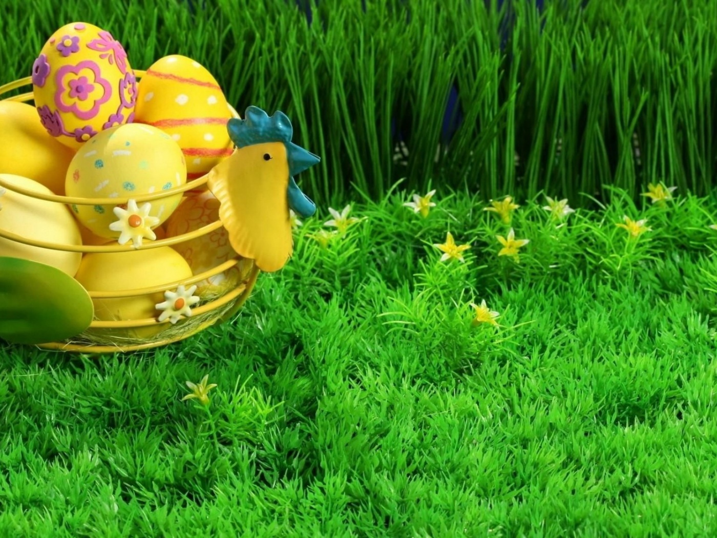 Easter Holiday Eggs Basket Grass Lawn Flowers